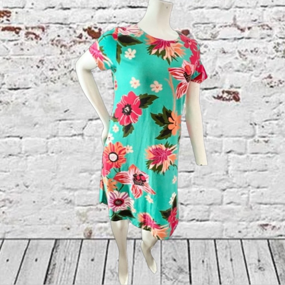 Spartina 449 Turquoise Floral Shift Dress with Pink and Orange Blooms